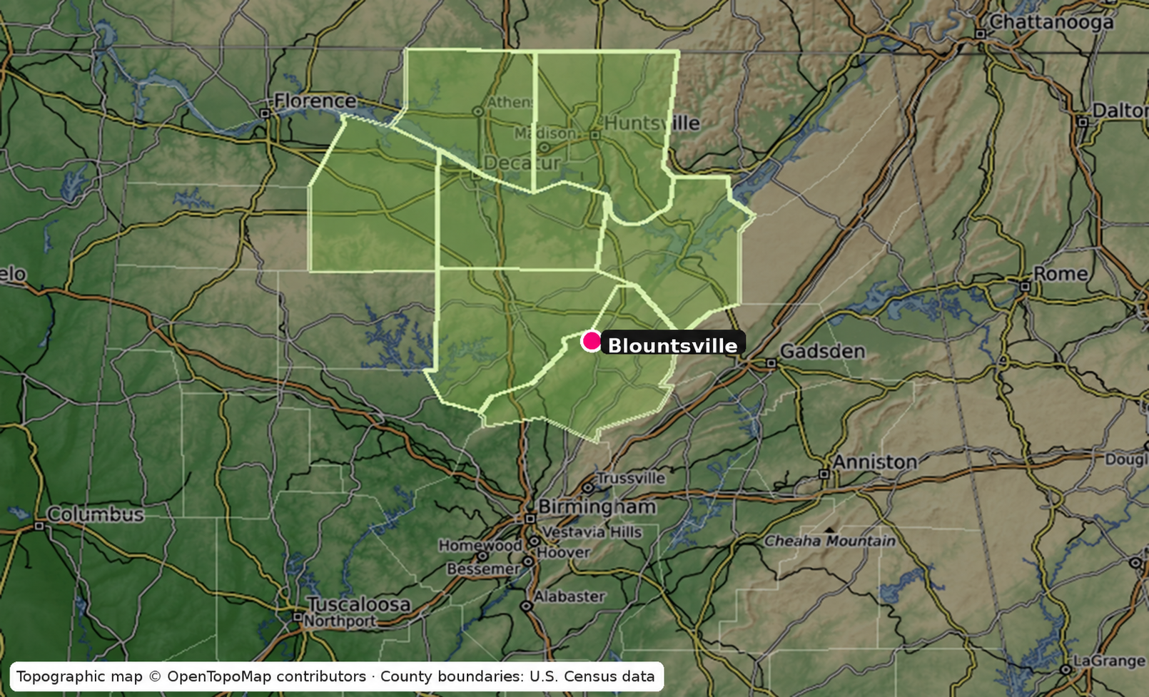 Topographic map of North Alabama highlighting Blount, Cullman, Marshall, Morgan, Madison, Limestone, and Lawrence Counties, with Blountsville marked as the business base